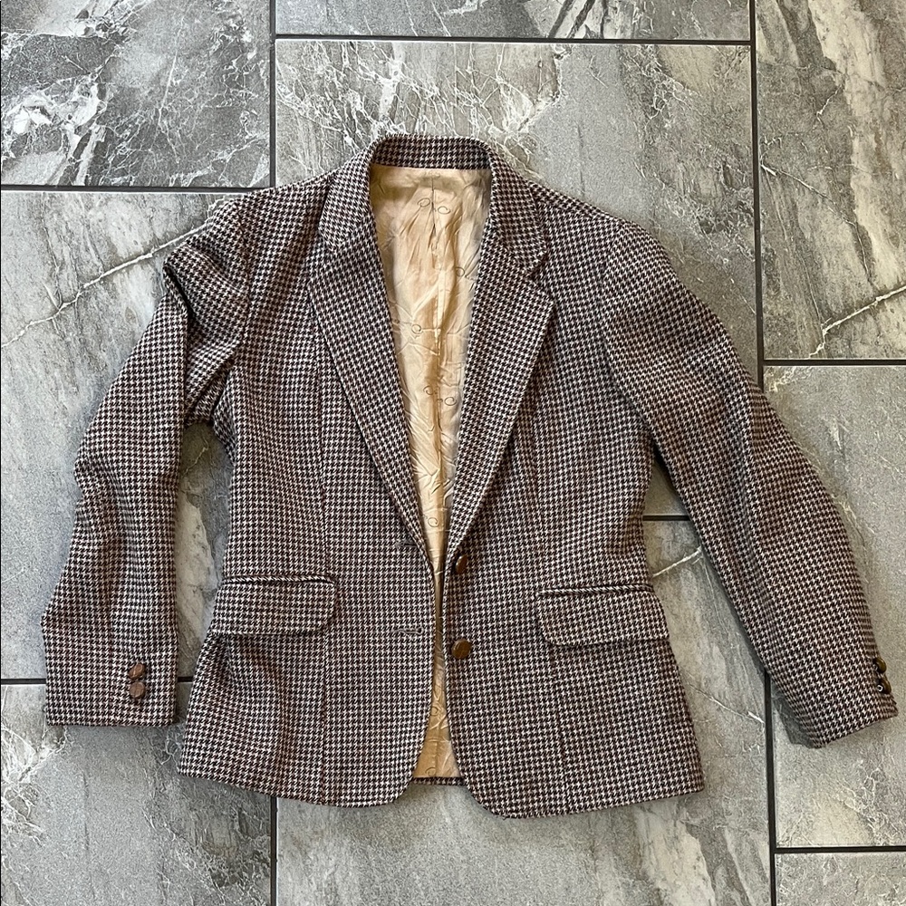 Oscar de la Renta Brown Houndstooth Wool Blazer